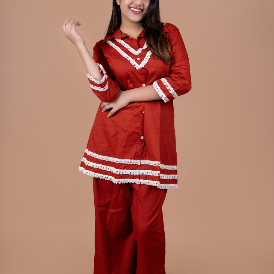 Women Pure Cotton Rust Co-Ord Set