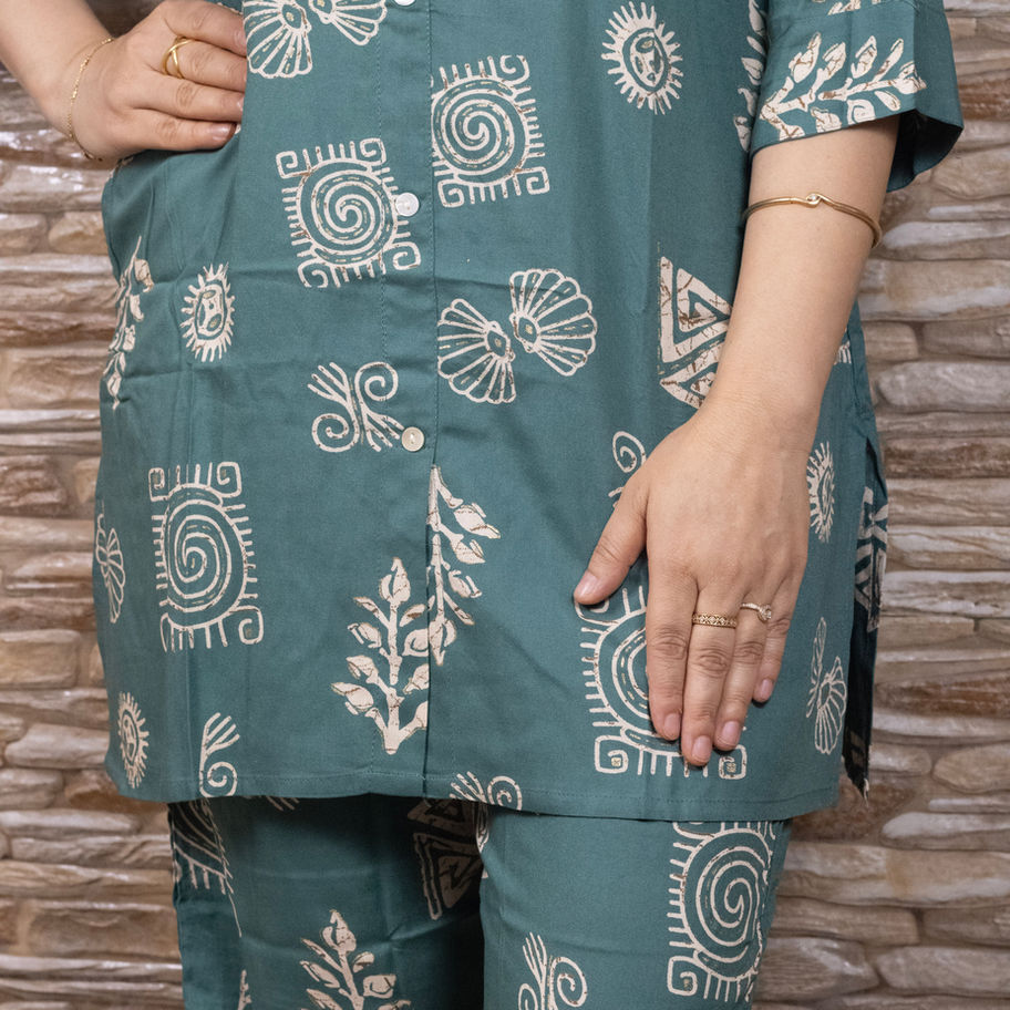 Soft Rayon Dusty Teal Green Co-ord Set Mandarin Collar