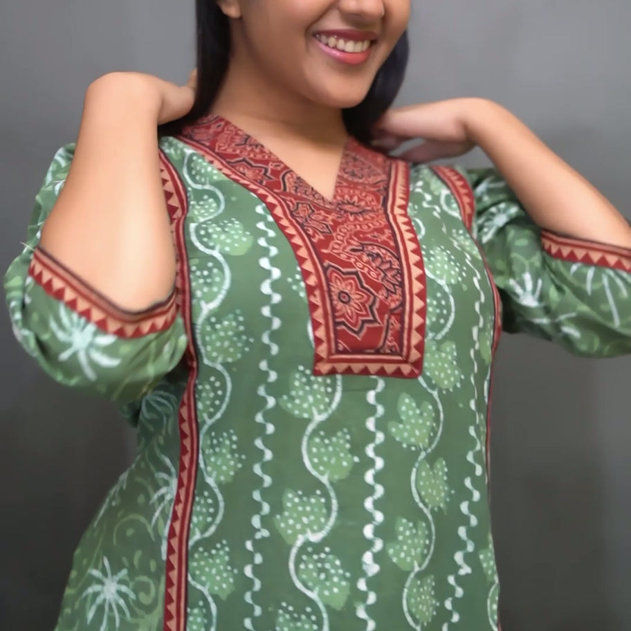 Pure Cotton Mehendi Green Ajrakh Bagru Print A-Line Round Cut Dress V Neck