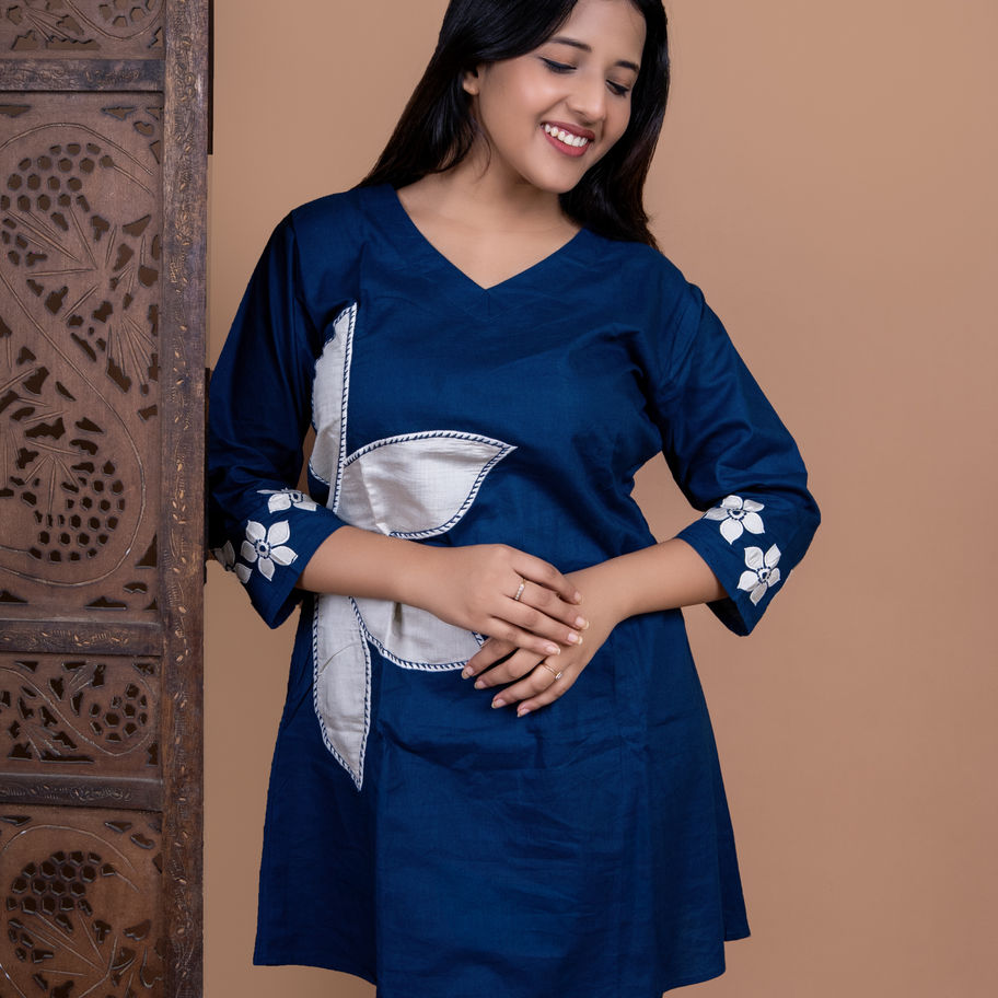 Women Pure Dhabu Cotton Blue Co-ord