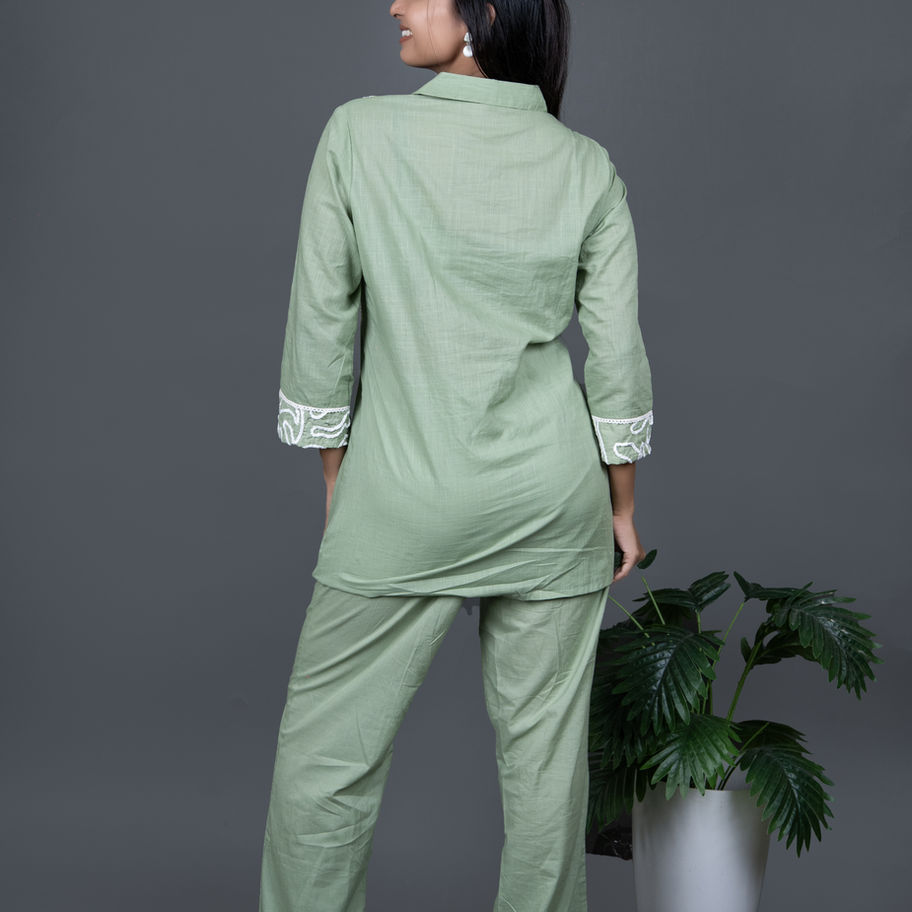 Pure Cotton Sage Green Co-Ord Set Classic Collar