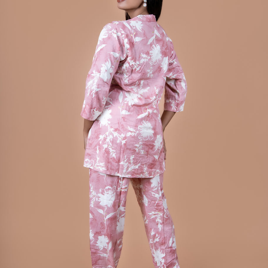 Soft Rayon Baby Pink Co-ord Set With Classic Shirt Collar