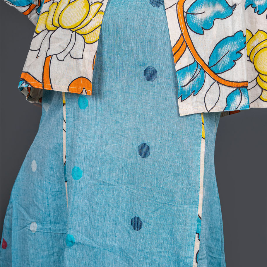 Pure South Cotton Aqua Blue Self Butti Dress with Dhabu Print Jacket