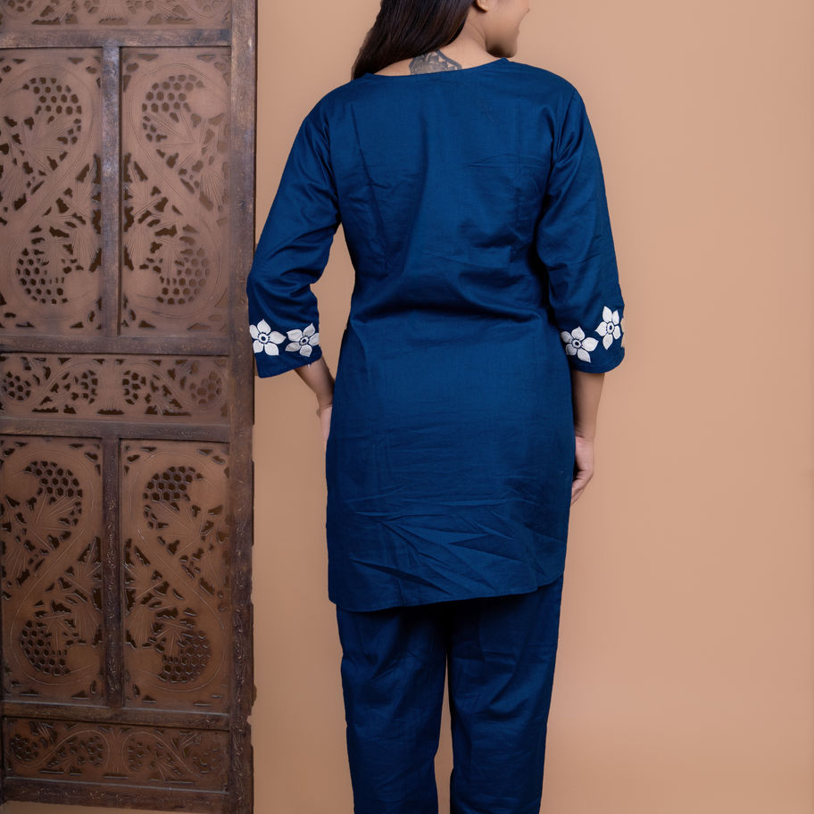 Women Pure Dhabu Cotton Blue Co-ord
