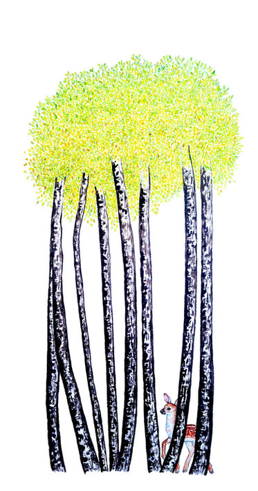There is a stillness in this forest that feels earned. The birch trees rise tall and unhurried, their silver-black bark rendered in bold, graphic strokes, while above them a canopy of chartreuse and gold unfolds leaf by leaf, luminous, almost weightless.
And there, half-hidden among the roots, a fawn. Small, watchful, perfectly still. A soul that has slipped away from somewhere else and found, just for a moment, exactly where it needs to be.
Inspired by Emily Dickinson's quiet certainty that the soul knows when to rest, this ink and watercolor illustration captures one of those fleeting instants of refuge, when the world grows large and silent around you, and you are briefly, completely free.
Original ink and watercolor on paper. Sold unframed.