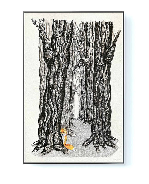 A black and white illustration of tall trees in a forest and peeking behind a tree we see a red fox
