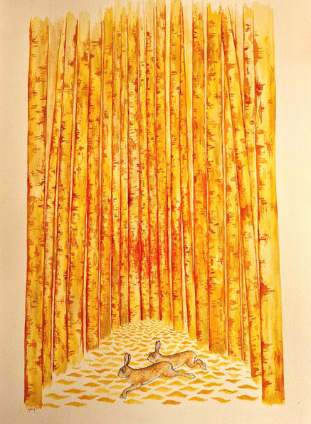 Monochromatic illustration in yellows and oranges of a woodland and two hares hoping