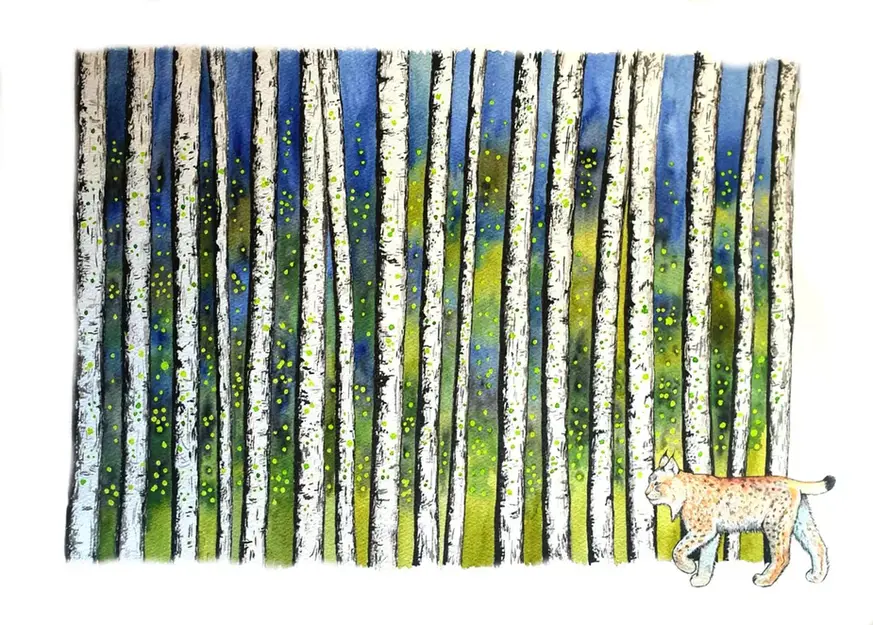A colorful woodland with a lynx