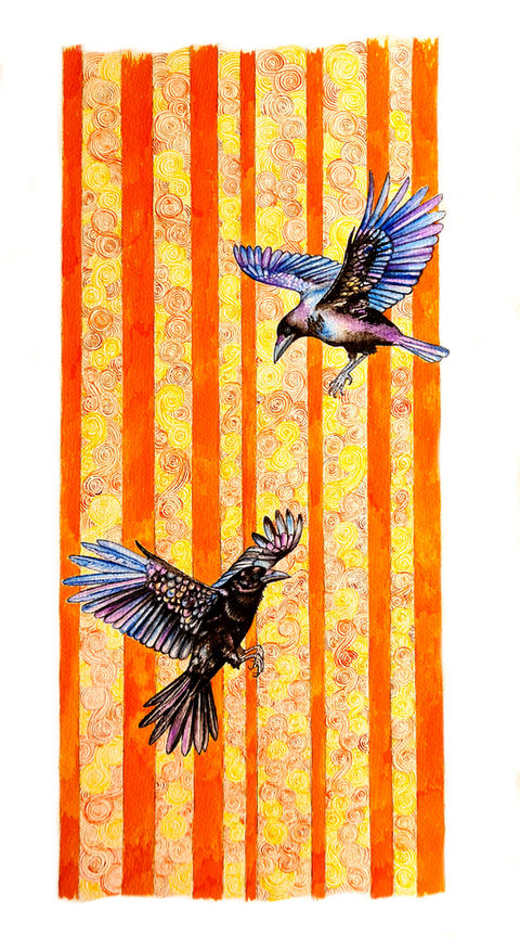Two iridescent crows move across a vivid backdrop of orange stripes and golden spirals. Their feathers shimmer with hues of blue and violet, contrasting against the structured, fiery background. The title, Fame is a Fickle Food, from a poem by Emily Dickinson, suggests the fleeting and fragile nature of recognition—how it can nourish briefly, yet never fully satisfy. This piece balances realism with abstraction, order with chaos, echoing the tension between what is constant and what is ephemeral. A striking statement for collectors who appreciate layered symbolism and vibrant detail.