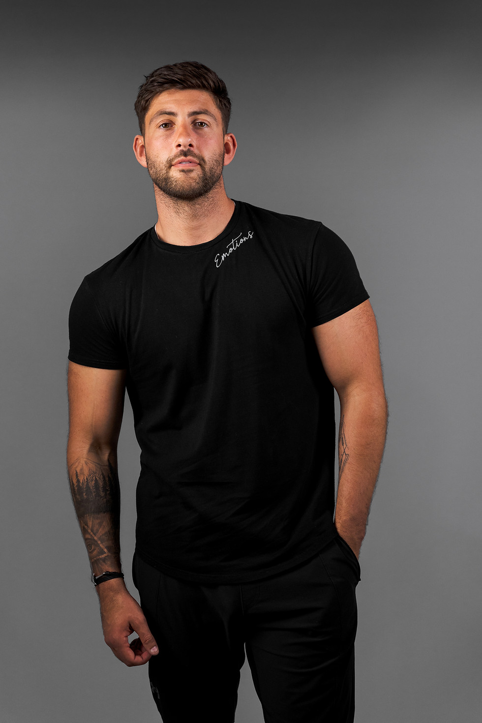 Black fitted t-shirt front view with stretch fit and classic design