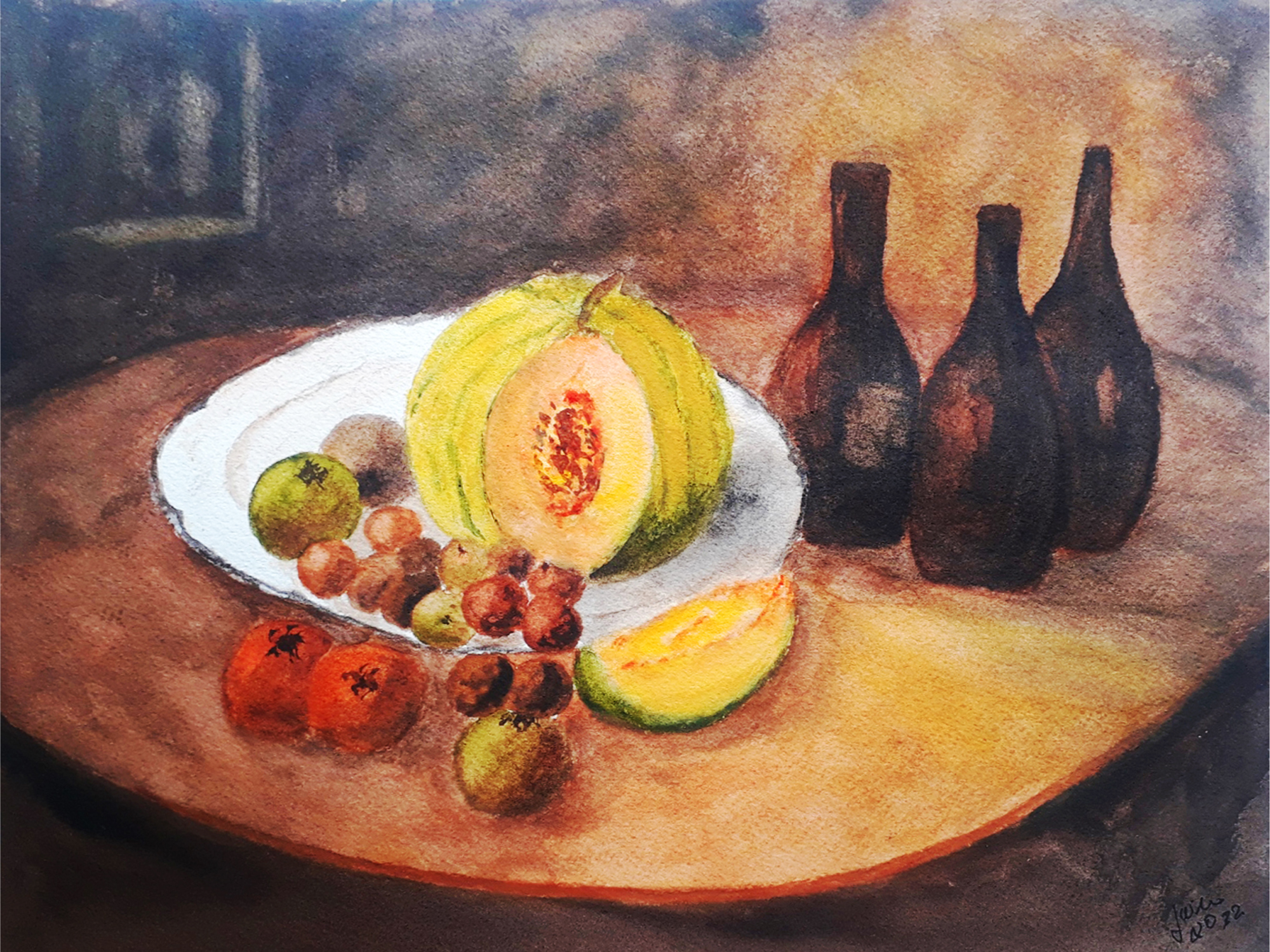 Mesa com frutas e garrafas