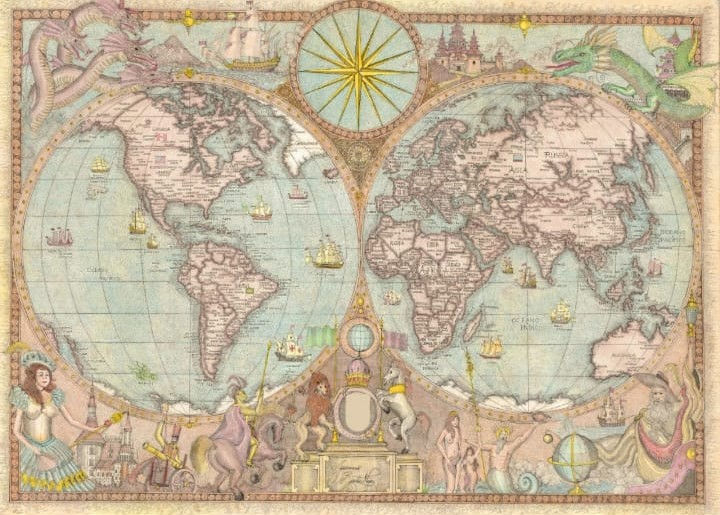 Mapa mundi atual em estilo retro