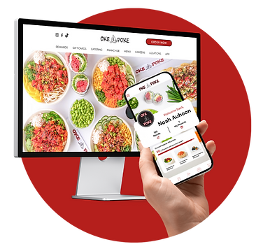 A computer that shows Oke Poke's website and a phone that shows Oke Poke's app