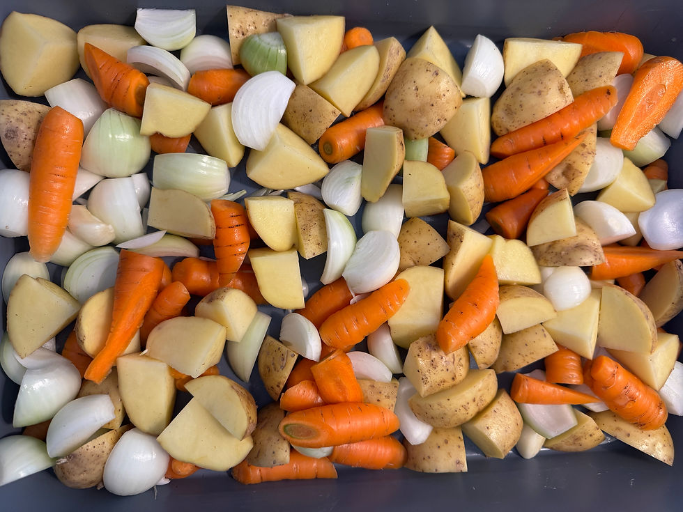 roasting pan filled with baby potatoes, carrots, onions and celery for a one pot chicken dinner