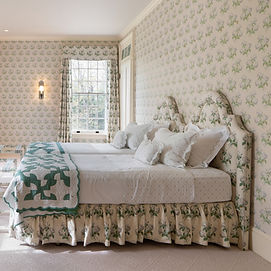 Upholstered headboard and floral bedding in the primary bedroom, Litchfield CT