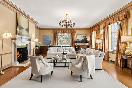 Formal living room with fireplace at the Winthrop Estate, Lenox MA