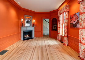 Coral dining room with corner fireplace and toile curtains, Litchfield CT