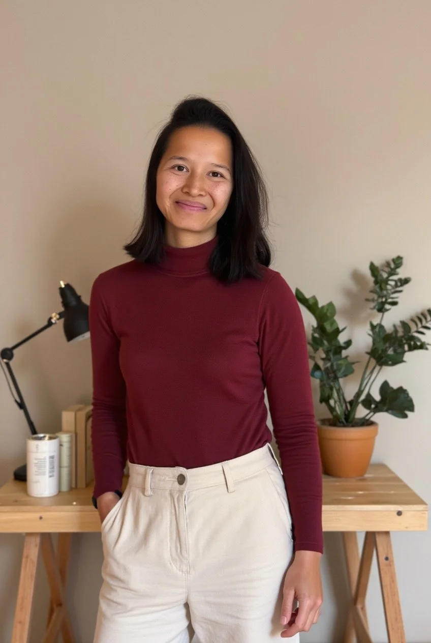 Lan Matzke als Immobilieninvestorin vor einem Tisch