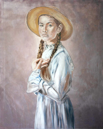 Öl- /Acrylgemälde eines jungen Mädchen mit erwartungsvollem Blick und einem Strohhut.