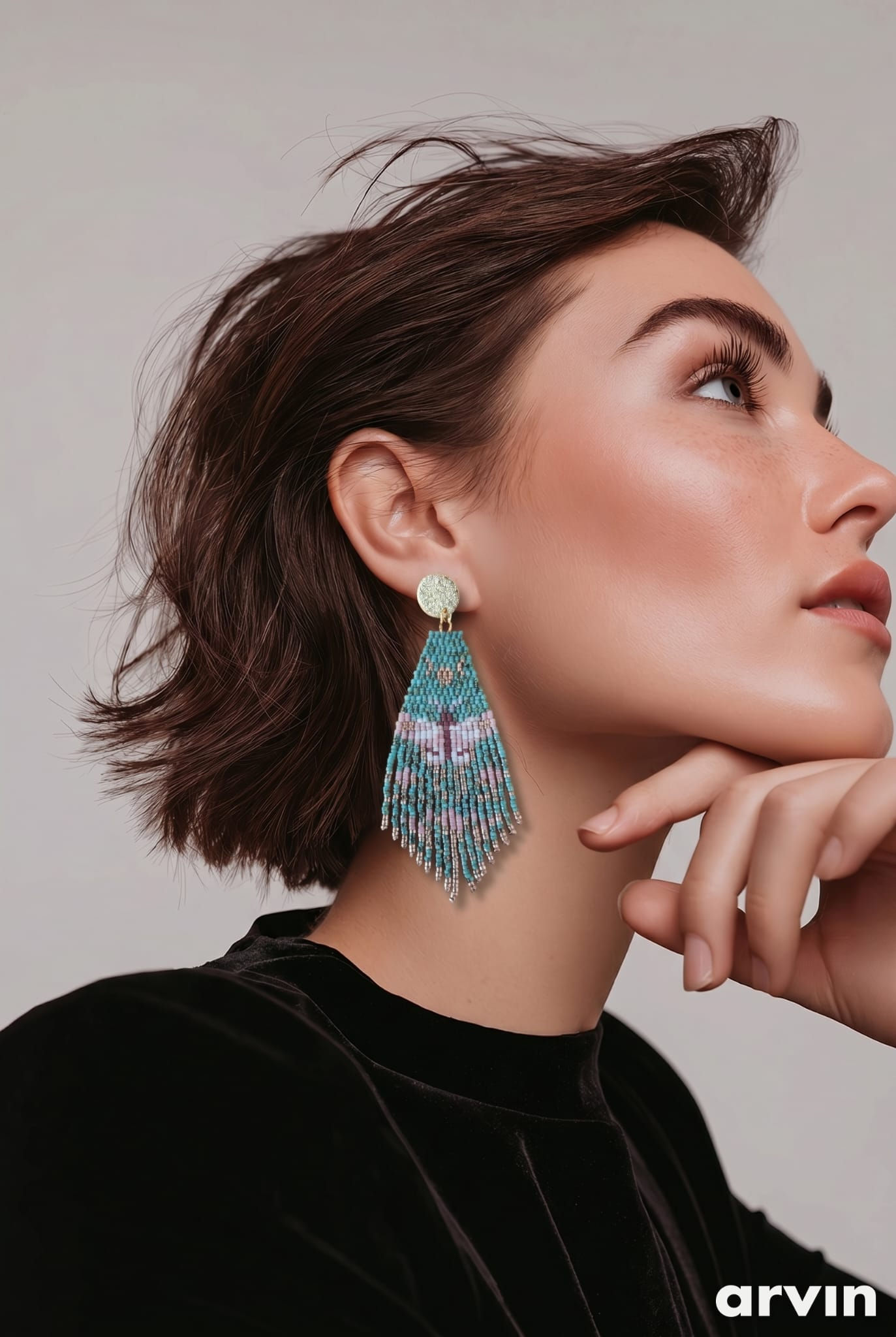 Moth beaded fringe earrings