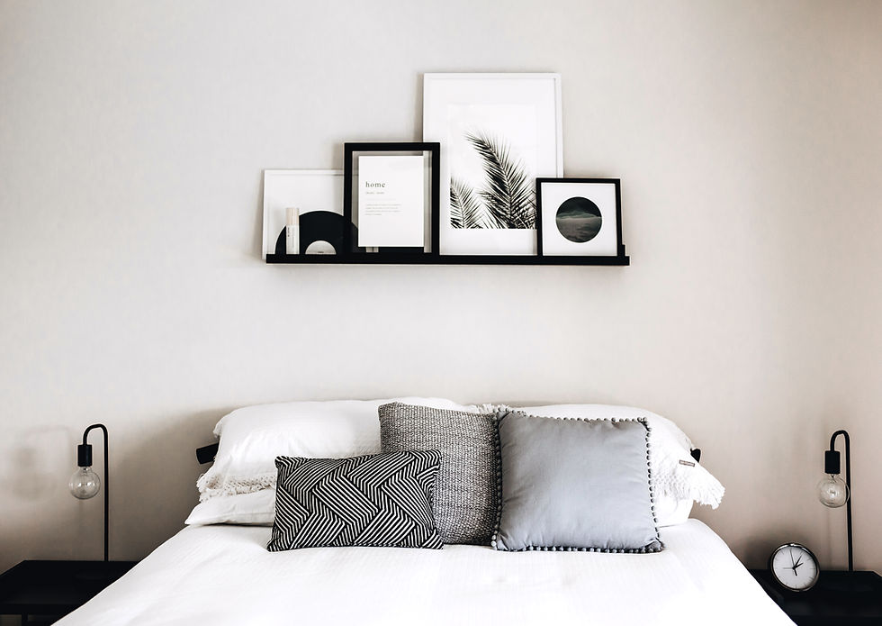 Eye-level view of a cozy luxury bedroom with soft lighting and elegant decor