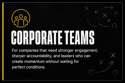 Corporate teams audience card for leadership keynote speaker on engagement and accountability