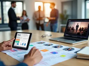 Profissional de RH avaliando perfis de palestrantes motivacionais na mesa de trabalho 