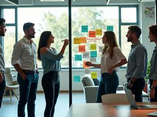 Reunião em pé com líder e equipe escrevendo compromissos individuais em mural de responsabilidade compartilhada 