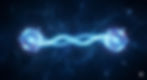 Representação visual de entrelaçamento quântico: dois fótons conectados por feixe de luz em fundo azul escuro