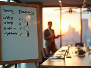 Profissional de RH marcando checklist de evento rápido em quadro dividido com ícones corporativos