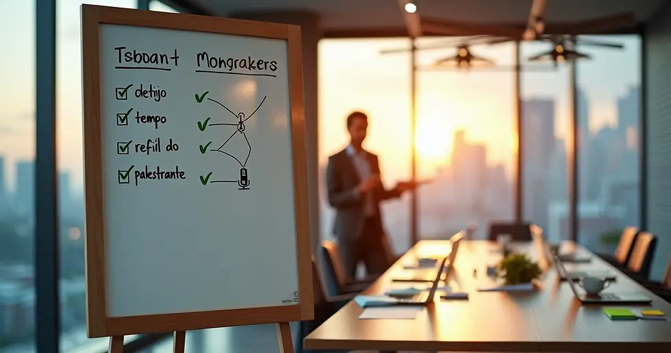 Profissional de RH marcando checklist de evento rápido em quadro dividido com ícones corporativos