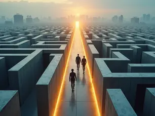 Vista aérea de labirinto corporativo com equipe avançando por caminho iluminado 