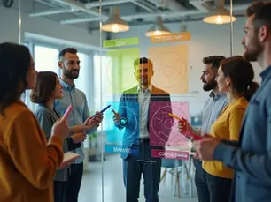 Equipe corporativa analisando painel colorido de emoções no escritório 
