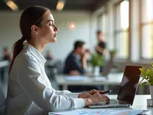 Profissional em escritório moderno usando técnicas simples de equilíbrio emocional 