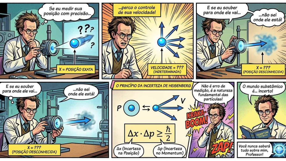 Quadrinhos explicando o principio da incerteza de Heisenberg
