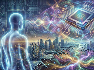 computação quântica e Humano observando uma simulação 3d na vida