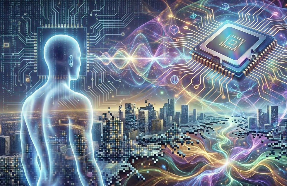 computação quântica e Humano observando uma simulação 3d na vida