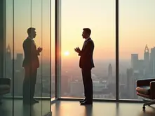 Líder observando próprio reflexo em espelho de vidro com vista para cidade ao fundo