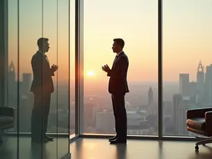 Líder observando próprio reflexo em espelho de vidro com vista para cidade ao fundo 
