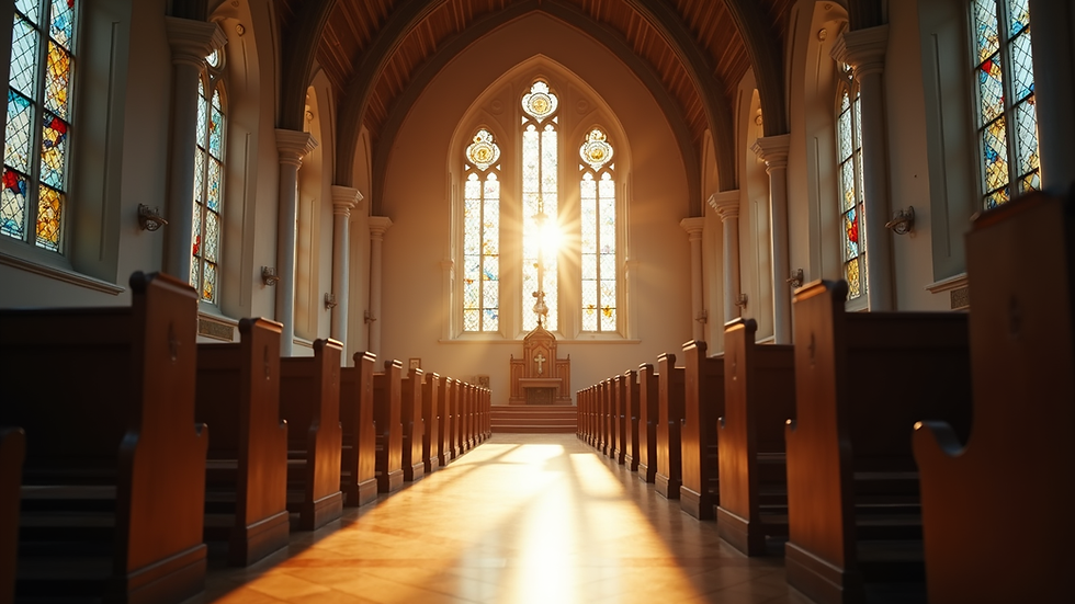 Eye-level view of a serene church interior with sunlight streaming through stained glass windows