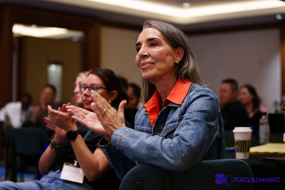 a woman happy enjoying a conference speaker