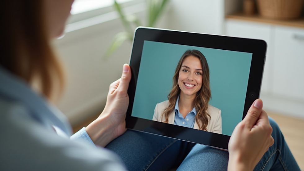 Close-up view of a tablet showing a video call with a therapist
