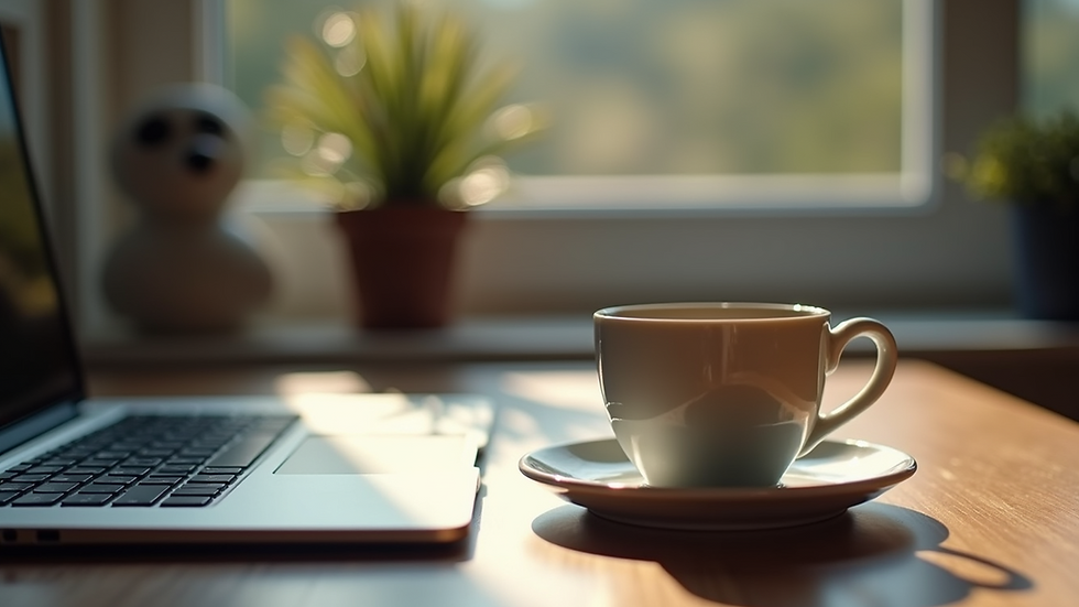 Eye-level view of a laptop on a cozy desk with a cup of tea