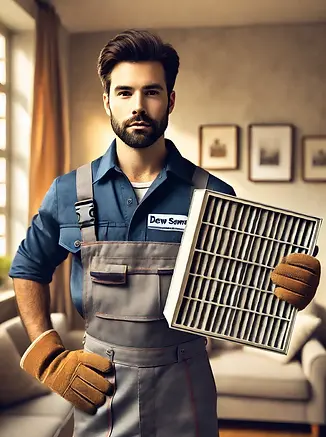 DALL·E 2024-08-26 20.45.40 - A portrait of a man holding an air filter in his hand, dresse