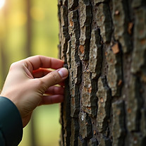 close up of tree trunk with hand touching the bark