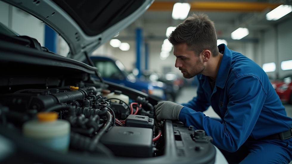 Eye-level view of mechanic inspecting car ignition system