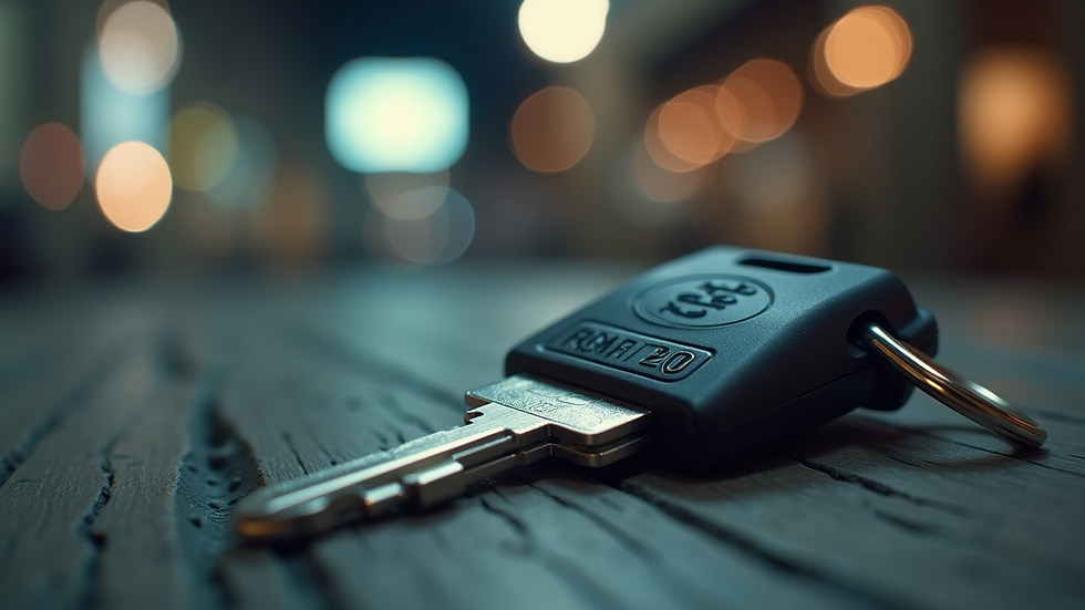 Eye-level view of a motorcycle key with a key code tag attached