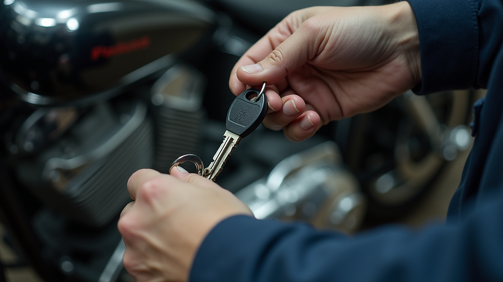 Eye-level view of a locksmith cutting a motorcycle key