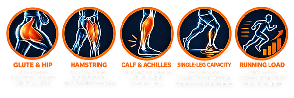 Running rehabilitation and strength progression including glute and hip strength, hamstring strength, calf and Achilles capacity, single-leg control and progressive running load
