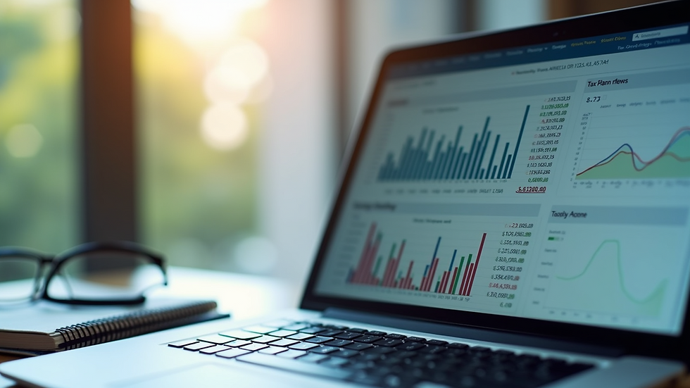 Close-up view of a laptop screen showing financial graphs and tax planning notes